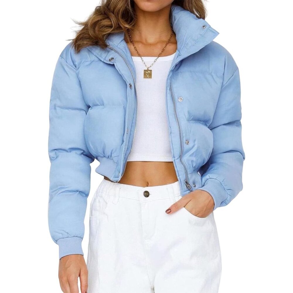 〽️Women's Blue Gihuo Cropped Puffer Warm Winter Padded Bubble Jacket
